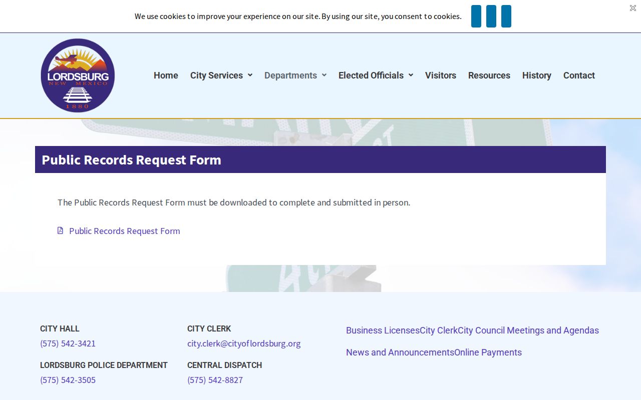 Lordsburg public records request page for arrest and booking record access